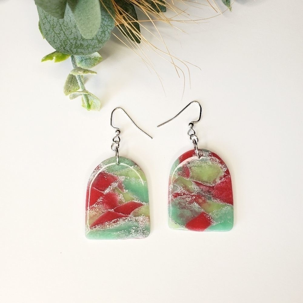 Christmas stained glass clay earrings with high gloss finish